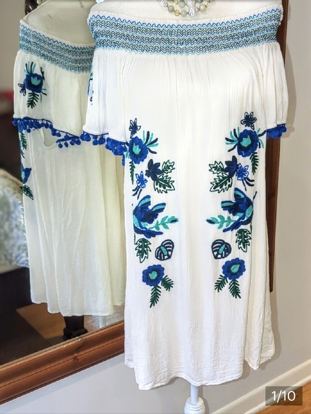 White Off-Shoulder Midi Dress with Blue & Green Embroidery